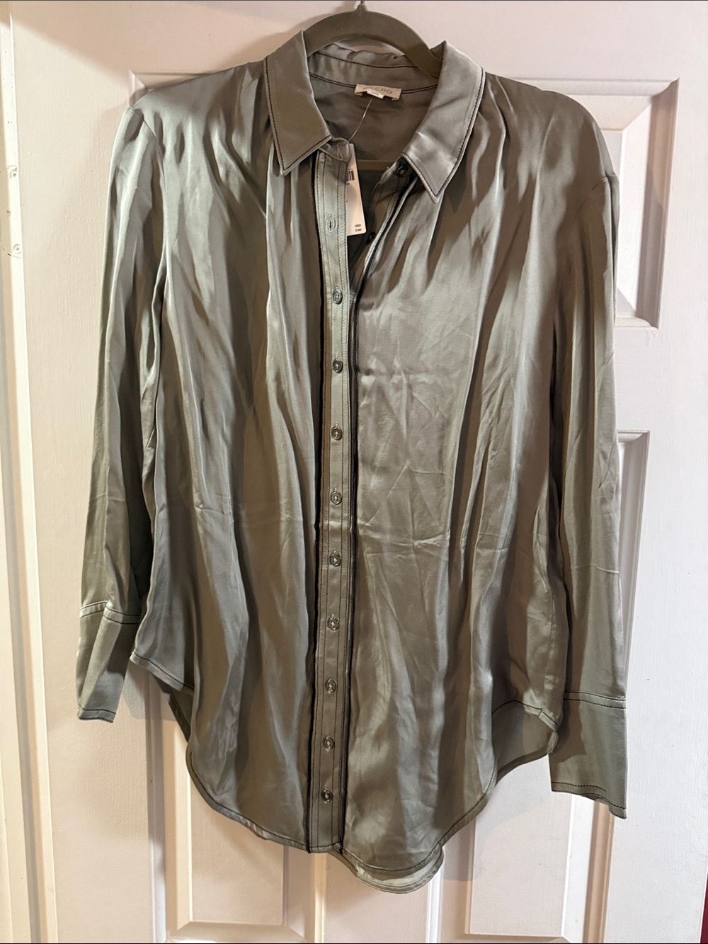 NWT- Anthropologie Pilcro Sage Green Satin Button-Front Blouse Oversized Fits Sm